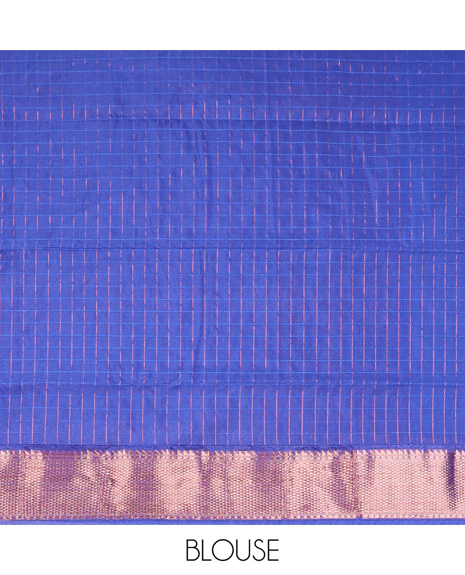 Blue micro checked chirala cotton saree, contrast traditional zari border, and zari design pallu - Image 3