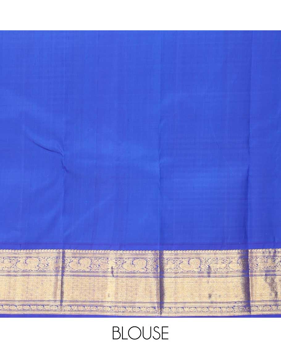 Blue micro-checked Kanchipuram silk saree, contrast korvai border of manga mokku,kathir,muthu,manga and mayil and jaal pallu - Image 6