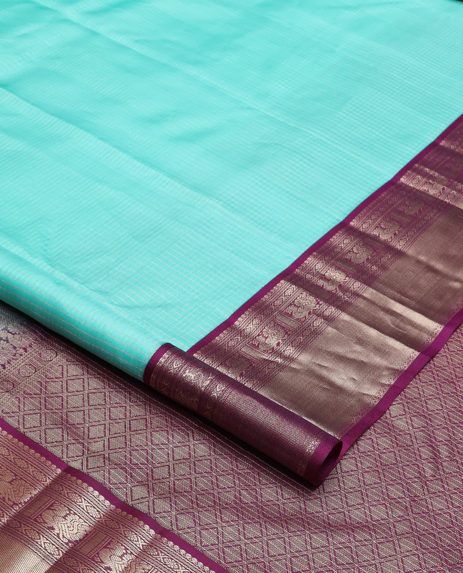 Blue micro-checked Vasundhara silk saree, contrast border of salngai, banaras, laddu kamalam, and annam motifs, and jaal design pallu - Image 2
