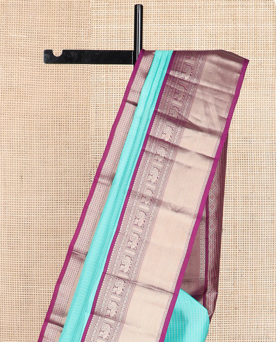 Blue micro-checked Vasundhara silk saree, contrast border of salngai, banaras, laddu kamalam, and annam motifs, and jaal design pallu - Image 4