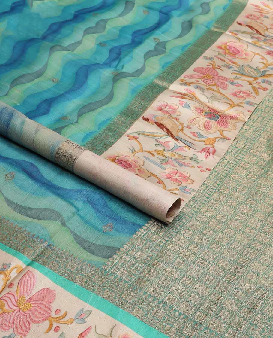 Blue motifs, abstract design tussar saree with contrast floral design border & checked design pallu - Image 2