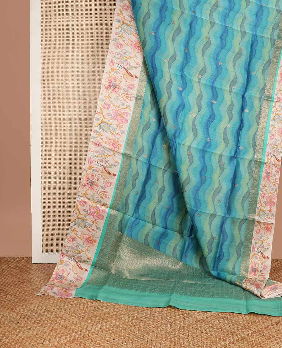 Blue motifs, abstract design tussar saree with contrast floral design border & checked design pallu - Image 3