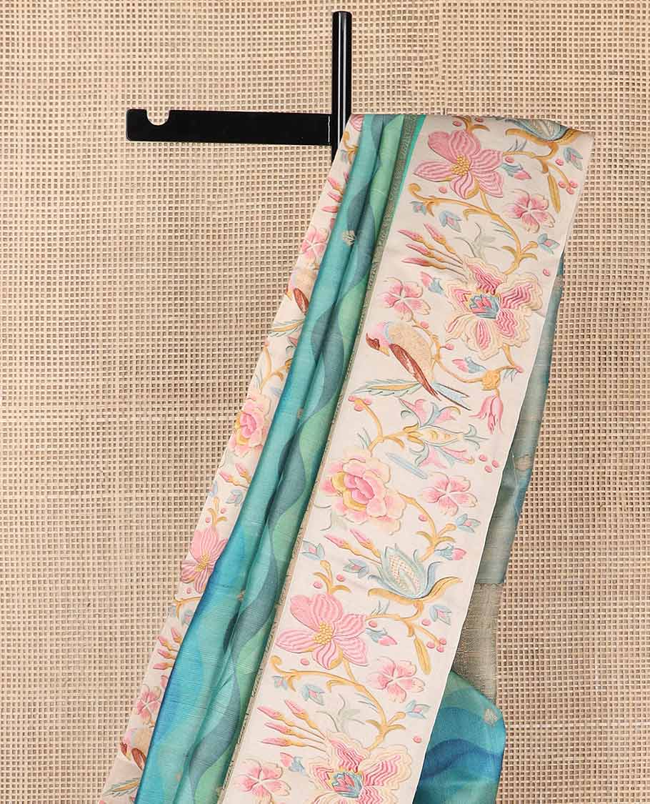 Blue motifs, abstract design tussar saree with contrast floral design border & checked design pallu - Image 4