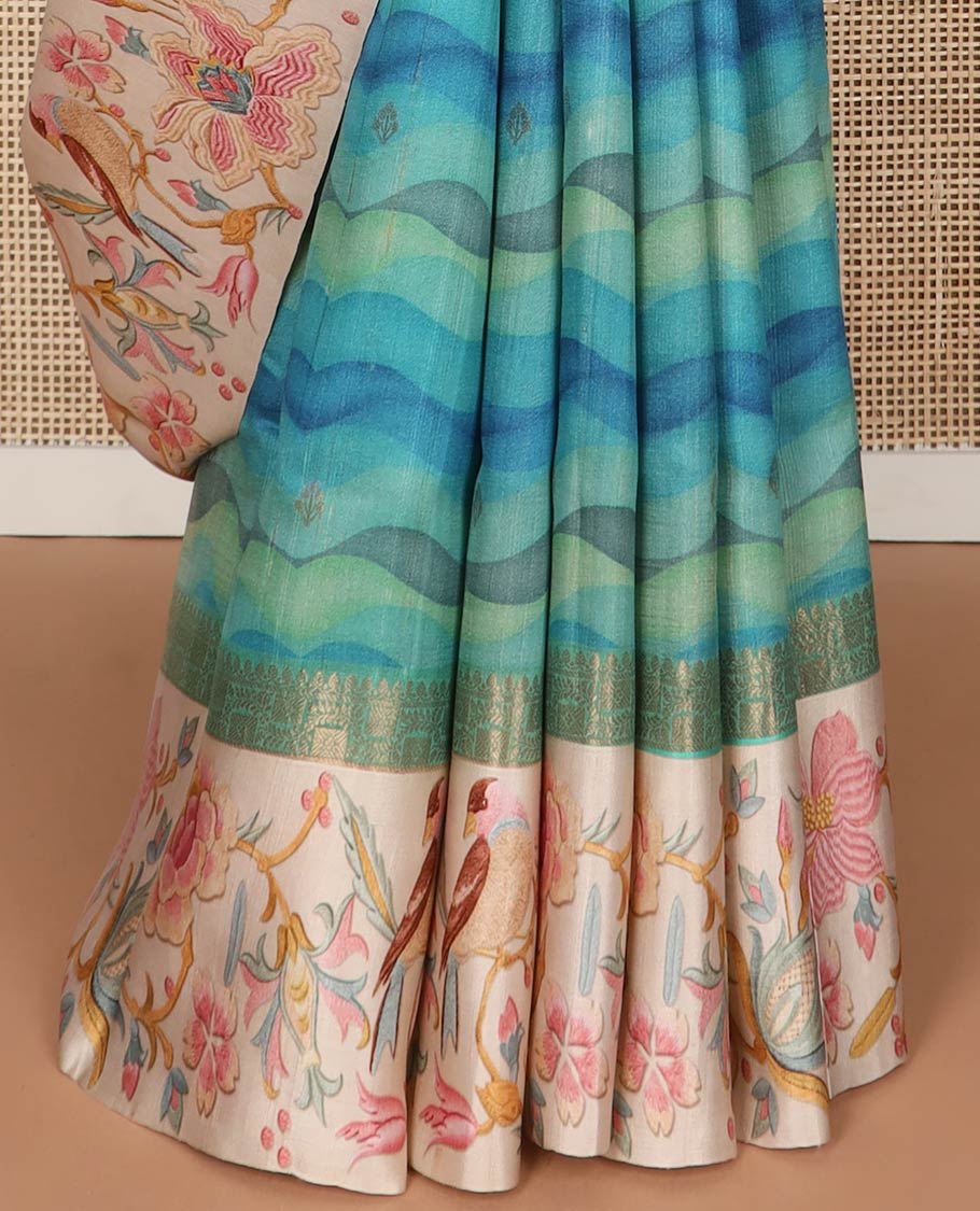 Blue motifs, abstract design tussar saree with contrast floral design border & checked design pallu - Image 5