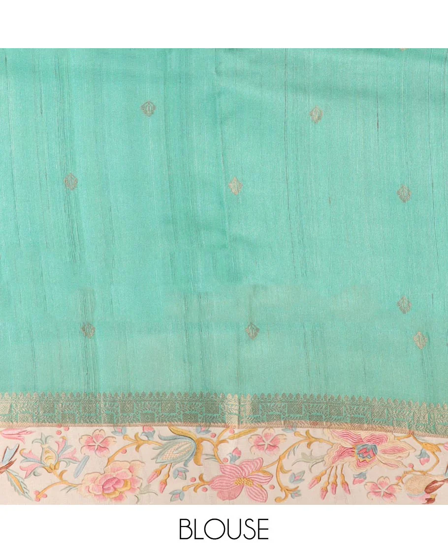 Blue motifs, abstract design tussar saree with contrast floral design border & checked design pallu - Image 6