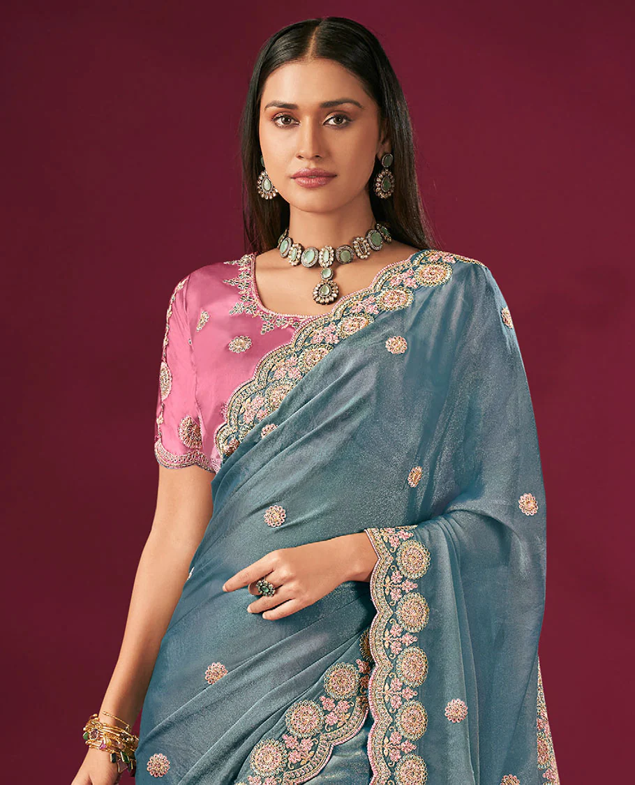 Blue Motifs Embroidered Designer Saree with Embroidered Scallop Borders, Embroidered Pallu, and a Contrast Embroidered Blouse - Image 2