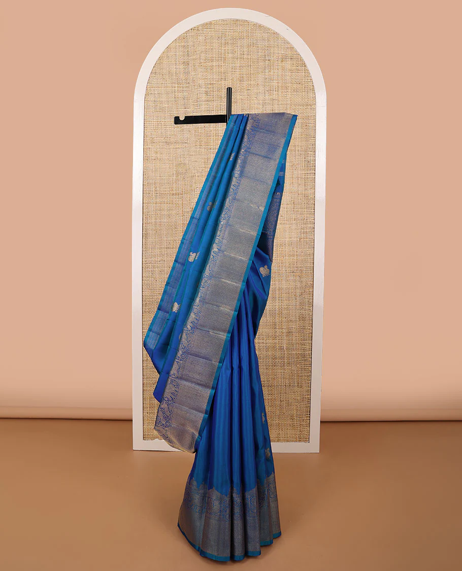 Blue motifs kancheepuran silk saree with self border of yanaai, mayil, Kuthirai, kuyil kann design & zari design pallu - Image 4