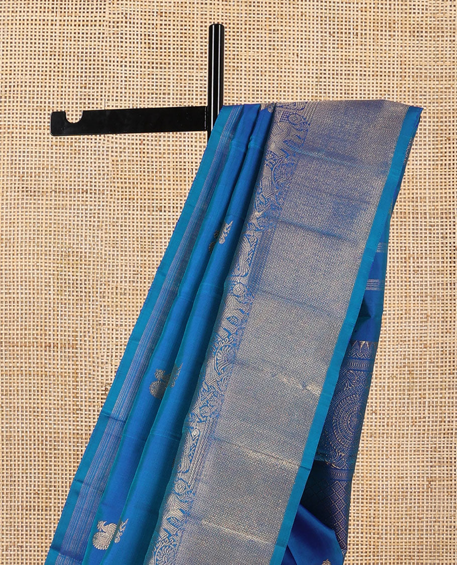 Blue motifs kancheepuran silk saree with self border of yanaai, mayil, Kuthirai, kuyil kann design & zari design pallu - Image 6