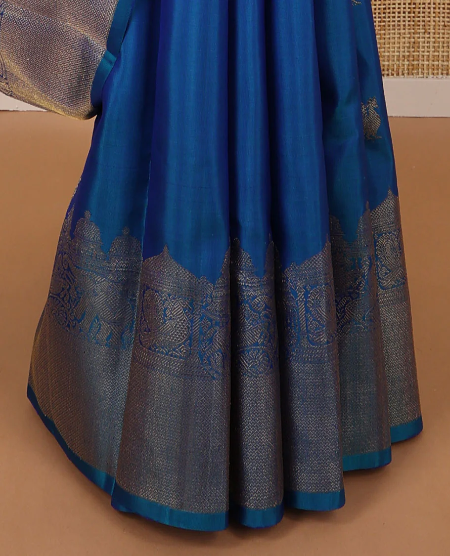 Blue motifs kancheepuran silk saree with self border of yanaai, mayil, Kuthirai, kuyil kann design & zari design pallu - Image 7