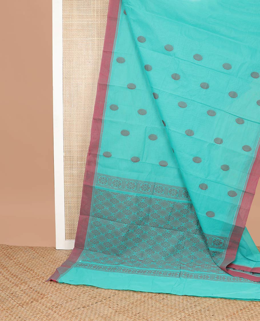 Blue motifs kanchi cotton saree with contrast border & argyle design pallu - Image 2