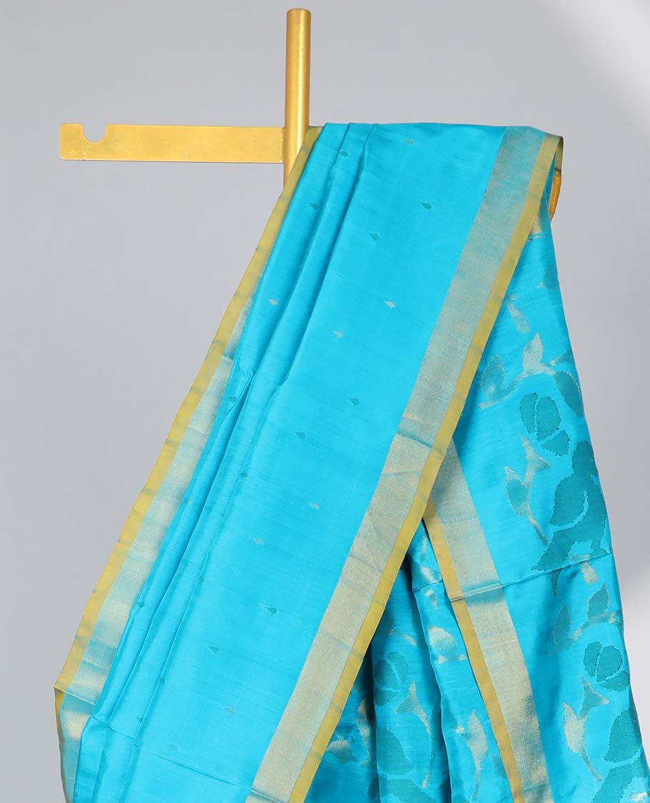 Blue motifs uppada silk saree with contrast zari border & floral design pallu - Image 3