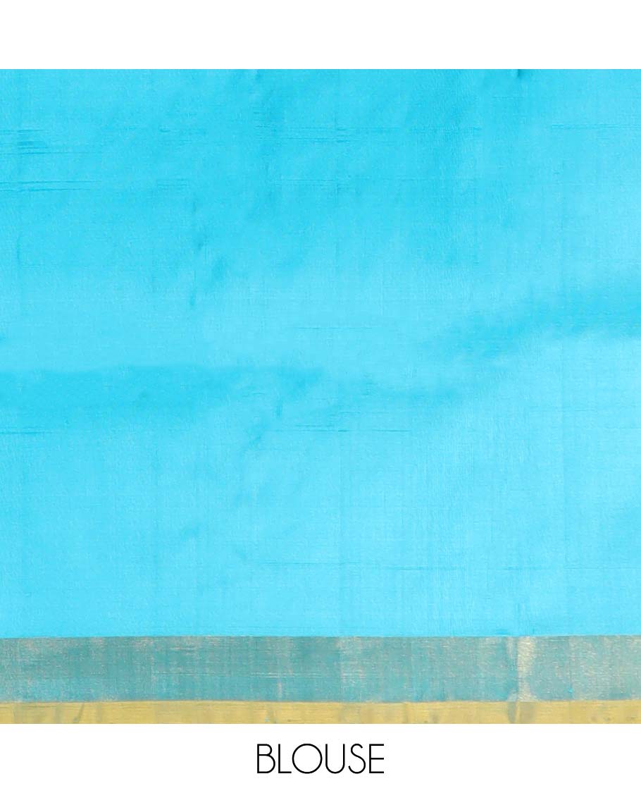 Blue motifs uppada silk saree with contrast zari border & floral design pallu - Image 5