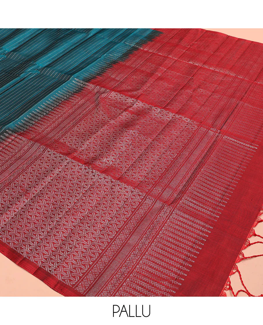 Blue muthu striped Mayuri soft silk saree, contrast tree motifs border, and pallu of geometric patterns - Image 5