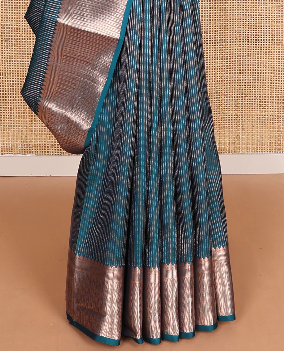 Blue muthu striped Vasundhara Lite Silk Mix Saree, zari border of thilakam, kathir, and banaras designs, and jaal pallu - Image 5