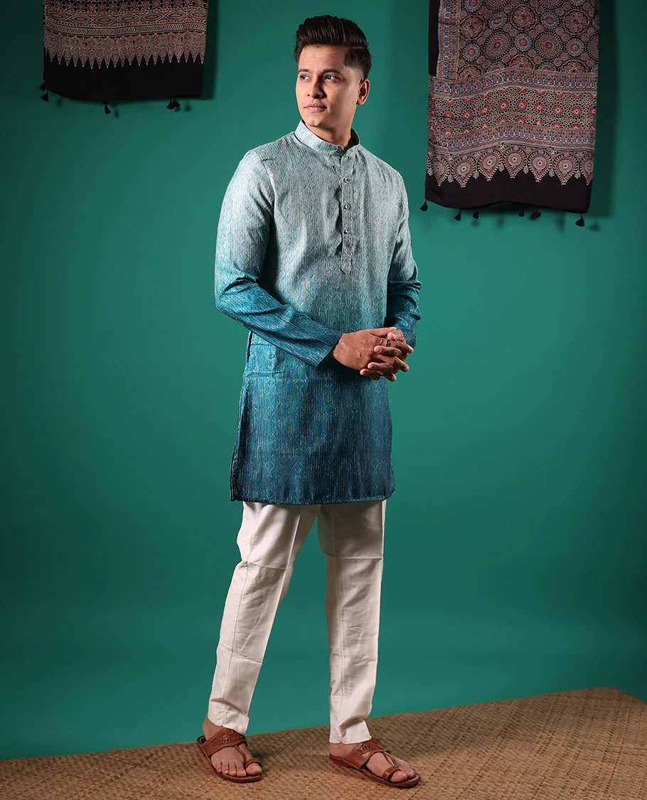 Blue ombre-toned with sequins embroidered jaal patterned full-sleeved men's kurta - Image 3