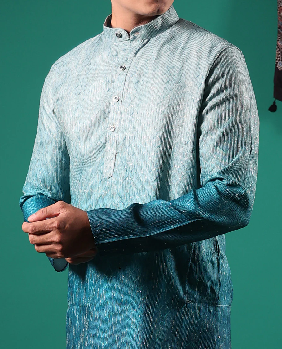 Blue ombre-toned with sequins embroidered jaal patterned full-sleeved men's kurta - Image 4
