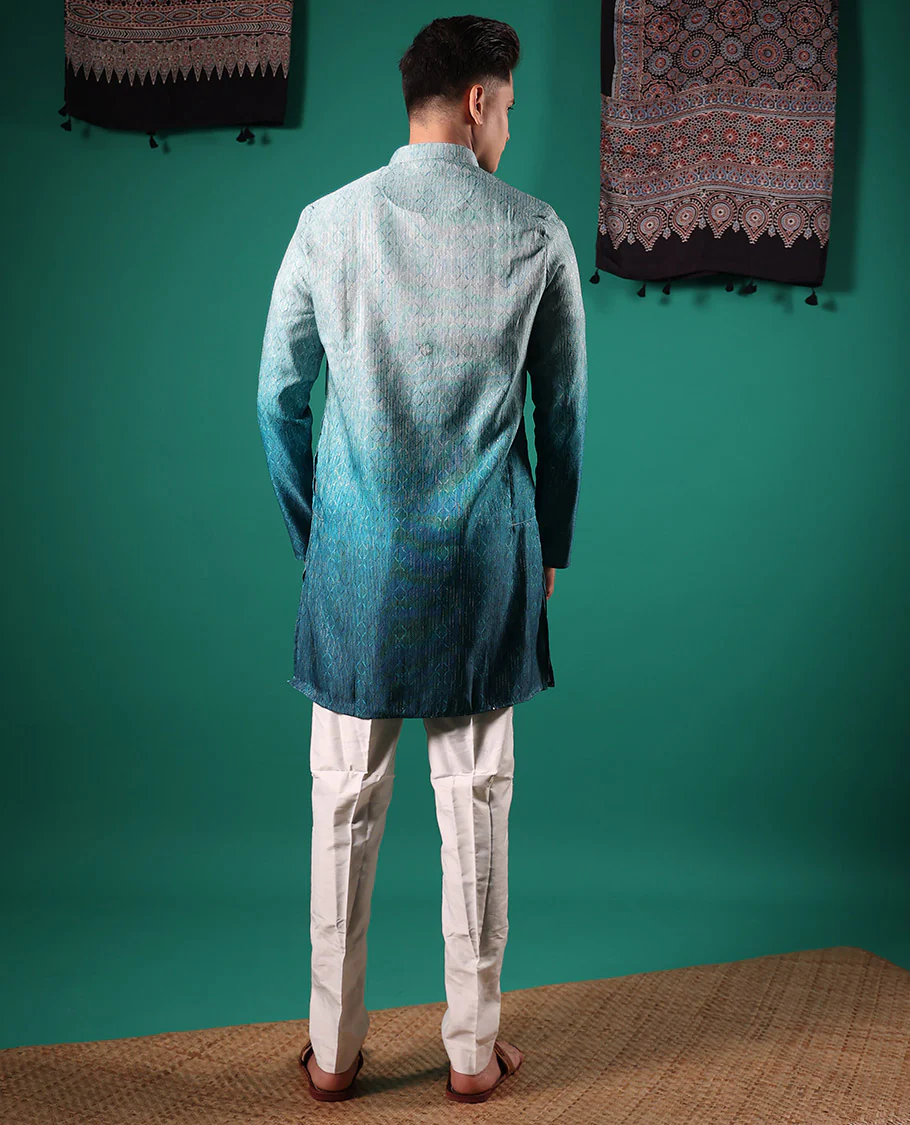 Blue ombre-toned with sequins embroidered jaal patterned full-sleeved men's kurta - Image 5