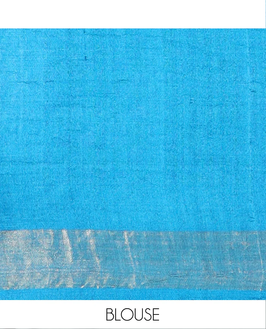 Blue paisley buttas tussar saree, zari border, and pallu of floral designs - Image 5
