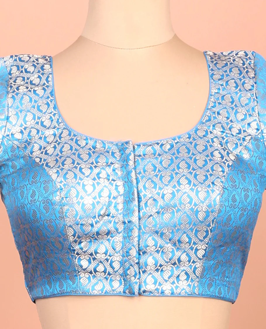 Blue paisleys-theme jacquard front-back round neck elbow-sleeve readymade blouse - Image 2