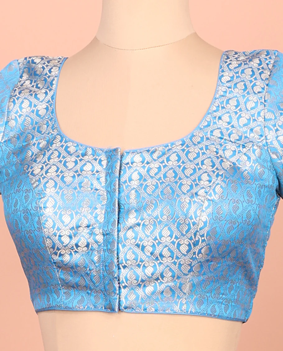 Blue paisleys-theme jacquard front-back round neck elbow-sleeve readymade blouse - Image 3