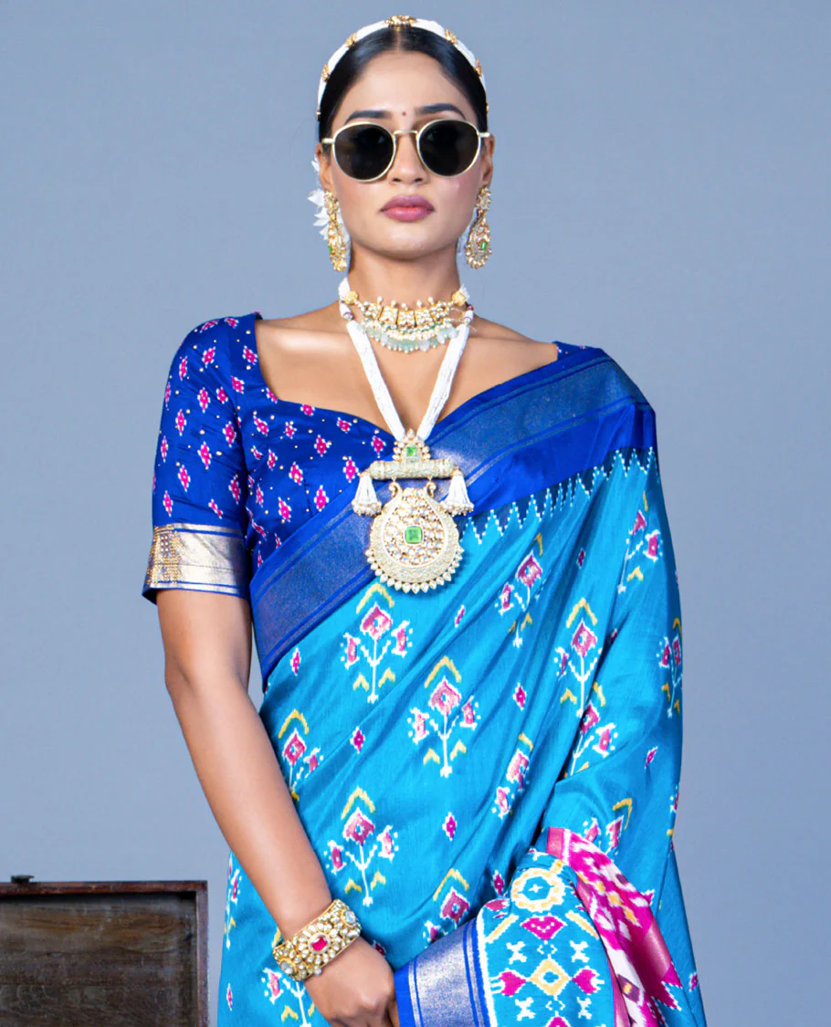 Blue patola floral motifs designer saree, contrast temple border, and patola printed pallu - Image 2
