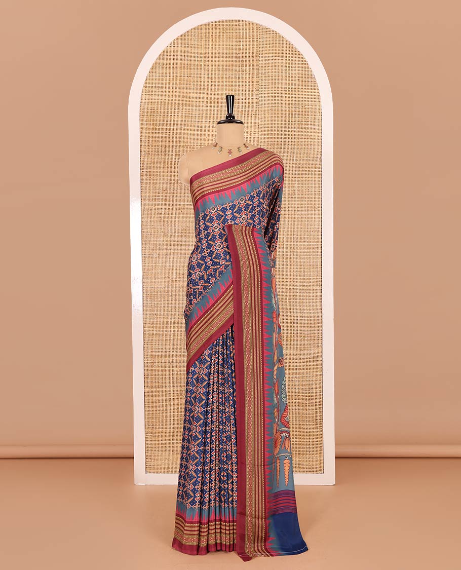 Blue patola style geometric printed Italian Crepe saree, contrast temple ikkat printed border, Kalamkari printed pallu, and a printed bordered blouse - Image 2