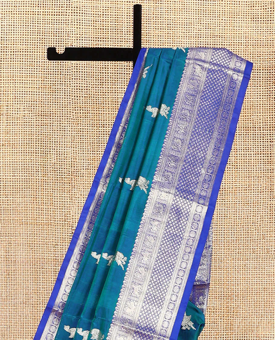 Blue peacock buttas Venkatagiri silk saree, contrast traditional zari design border, and zari-rich jaal pallu - Image 3