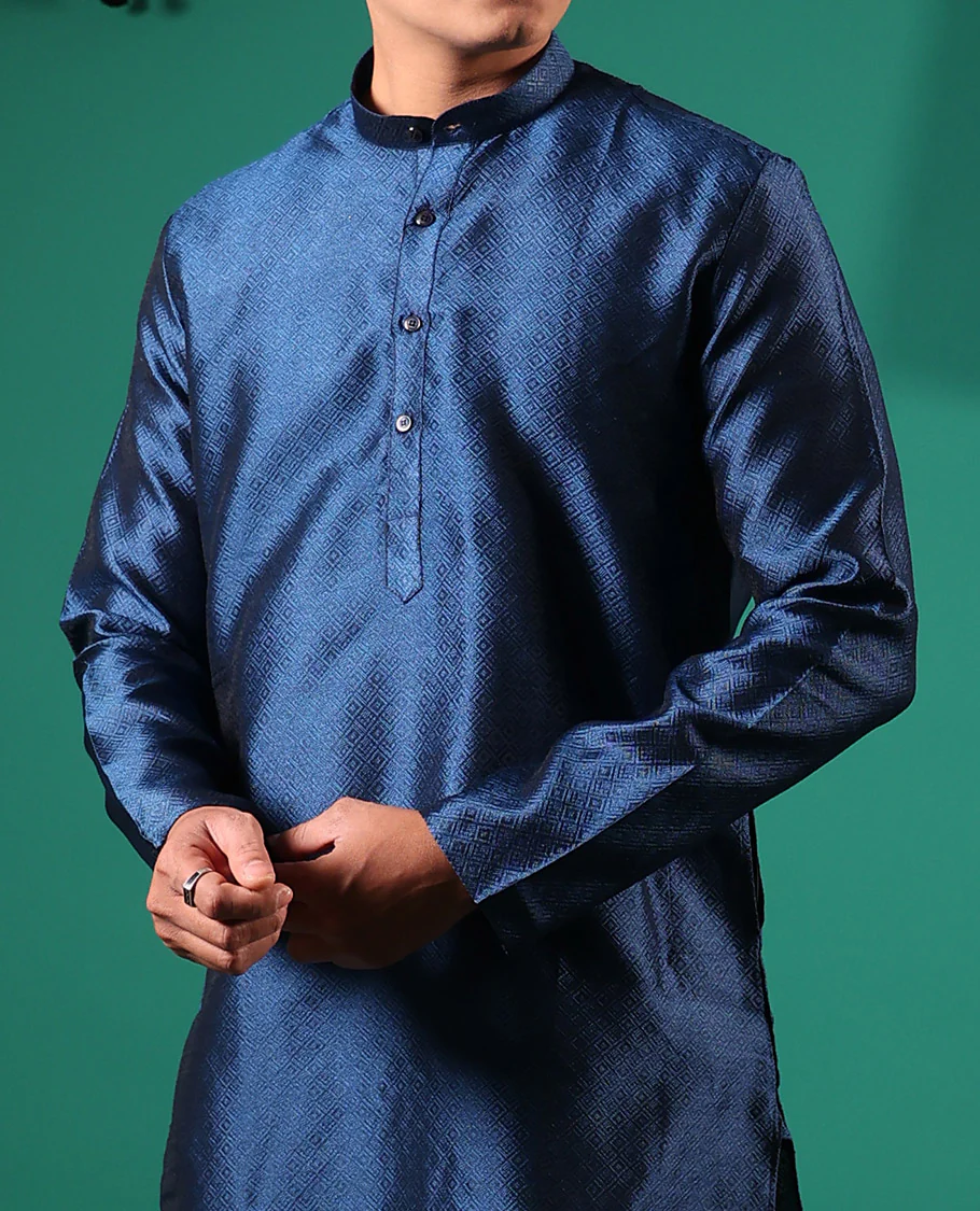 Blue peacock eye style diamond patterns embossed full-sleeved men's kurta - Image 4