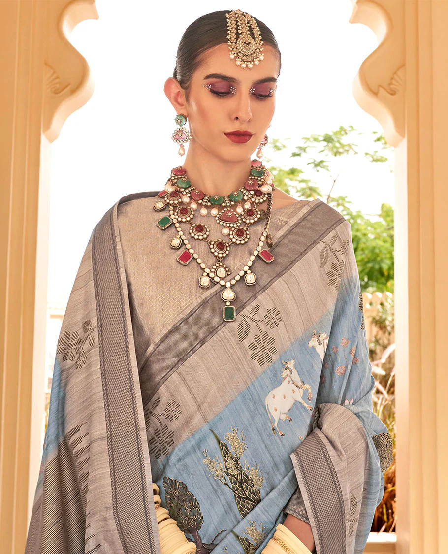 Blue Pichwai cow, tree, floral, and lotus printed designer catalog saree, contrast border of floral motifs, and pallu of temple design - Image 2