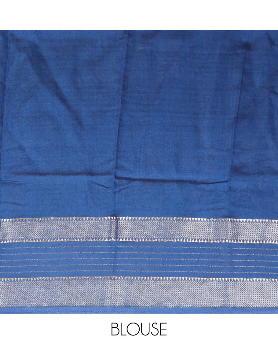 Blue plain assam silk saree, contrast traditional zari border, and pallu of zari stripes - Image 3