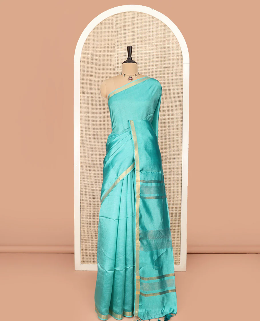 Blue Plain Banana Pith Saree Subtly Sparkled with Zari Bavanji Border, Gleaming Zari Stripes Woven Pallu, and Paired with a Matching Plain Blouse - Image 3