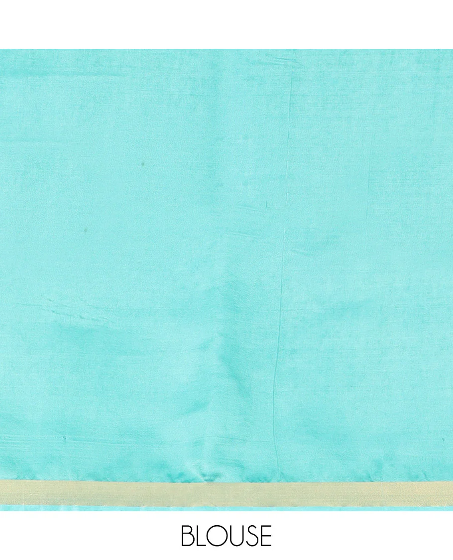 Blue Plain Banana Pith Saree Subtly Sparkled with Zari Bavanji Border, Gleaming Zari Stripes Woven Pallu, and Paired with a Matching Plain Blouse - Image 5