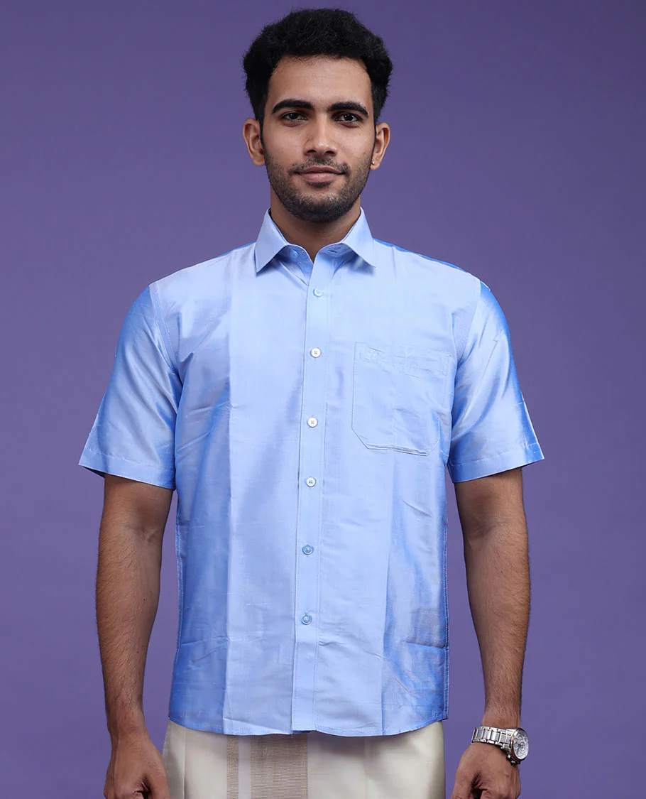 Blue plain design half-sleeve pure-silk shirt