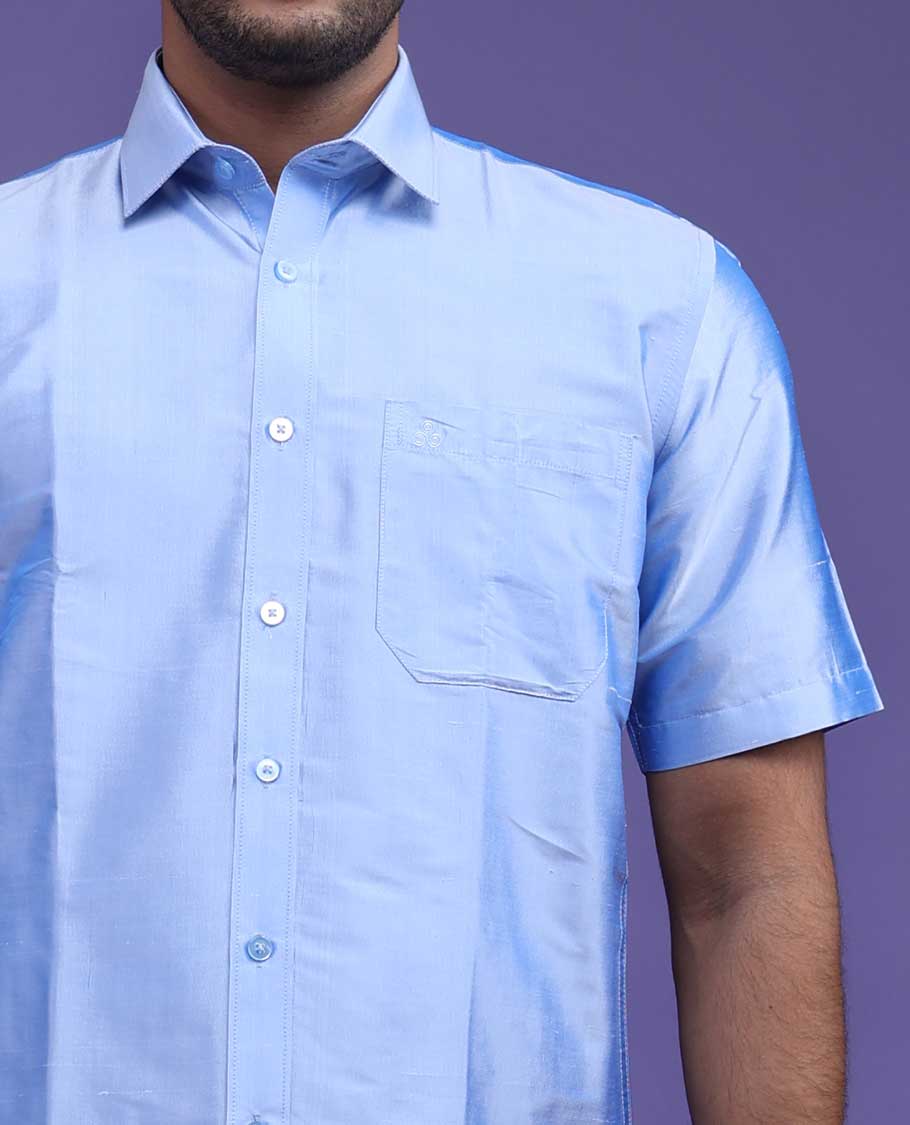 Blue plain design half-sleeve pure-silk shirt - Image 2