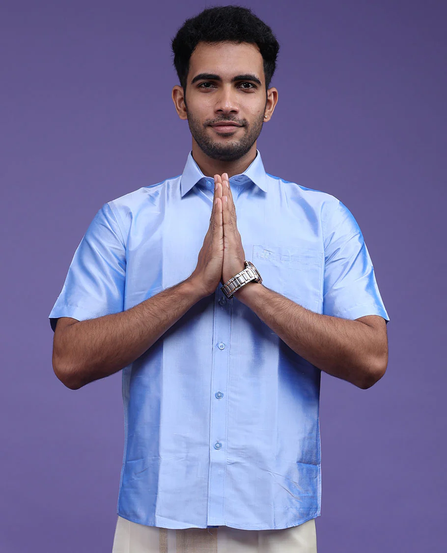 Blue plain design half-sleeve pure-silk shirt - Image 3