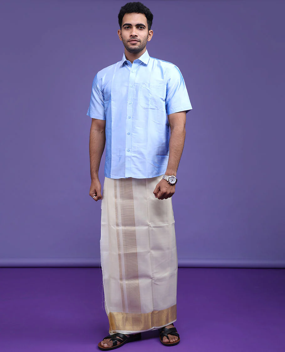 Blue plain design half-sleeve pure-silk shirt - Image 4