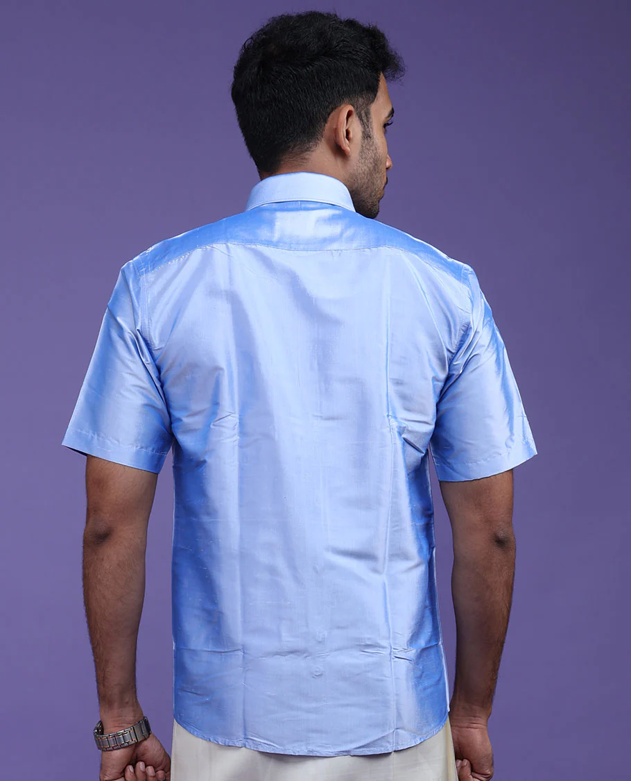 Blue plain design half-sleeve pure-silk shirt - Image 6
