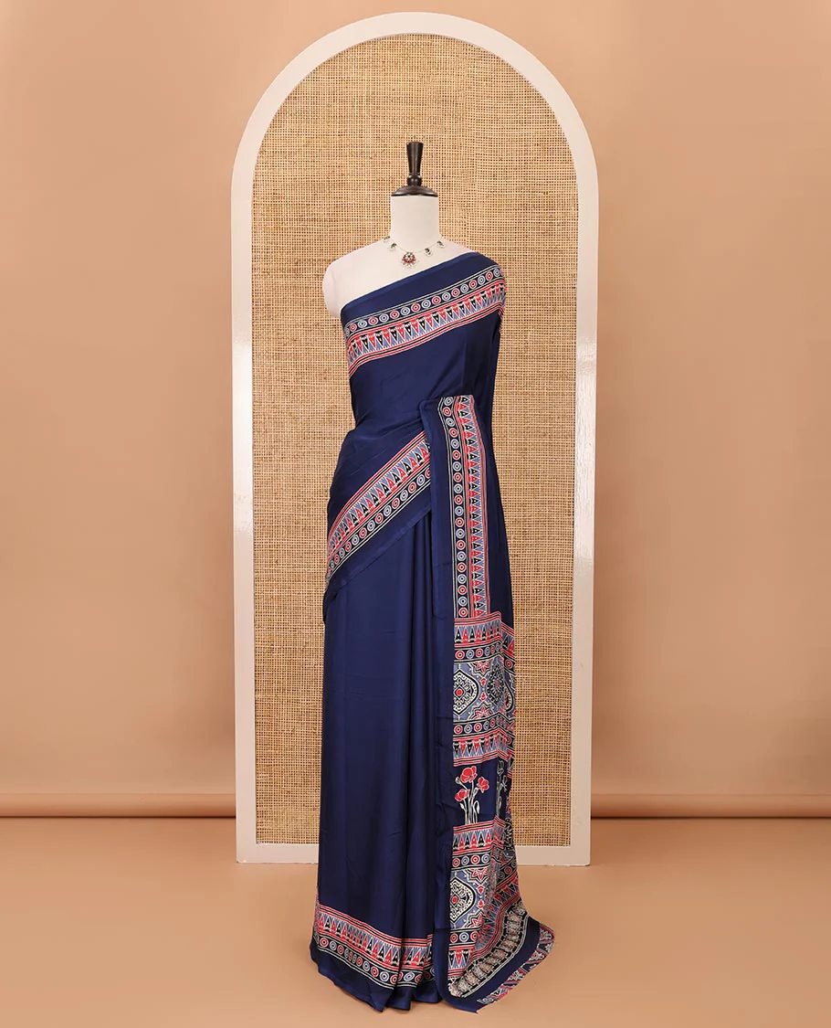 Blue plain design modal satin saree, Ajrakh printed border, floral-Ajrakh printed pallu & Ajrakh printed blouse - Image 2