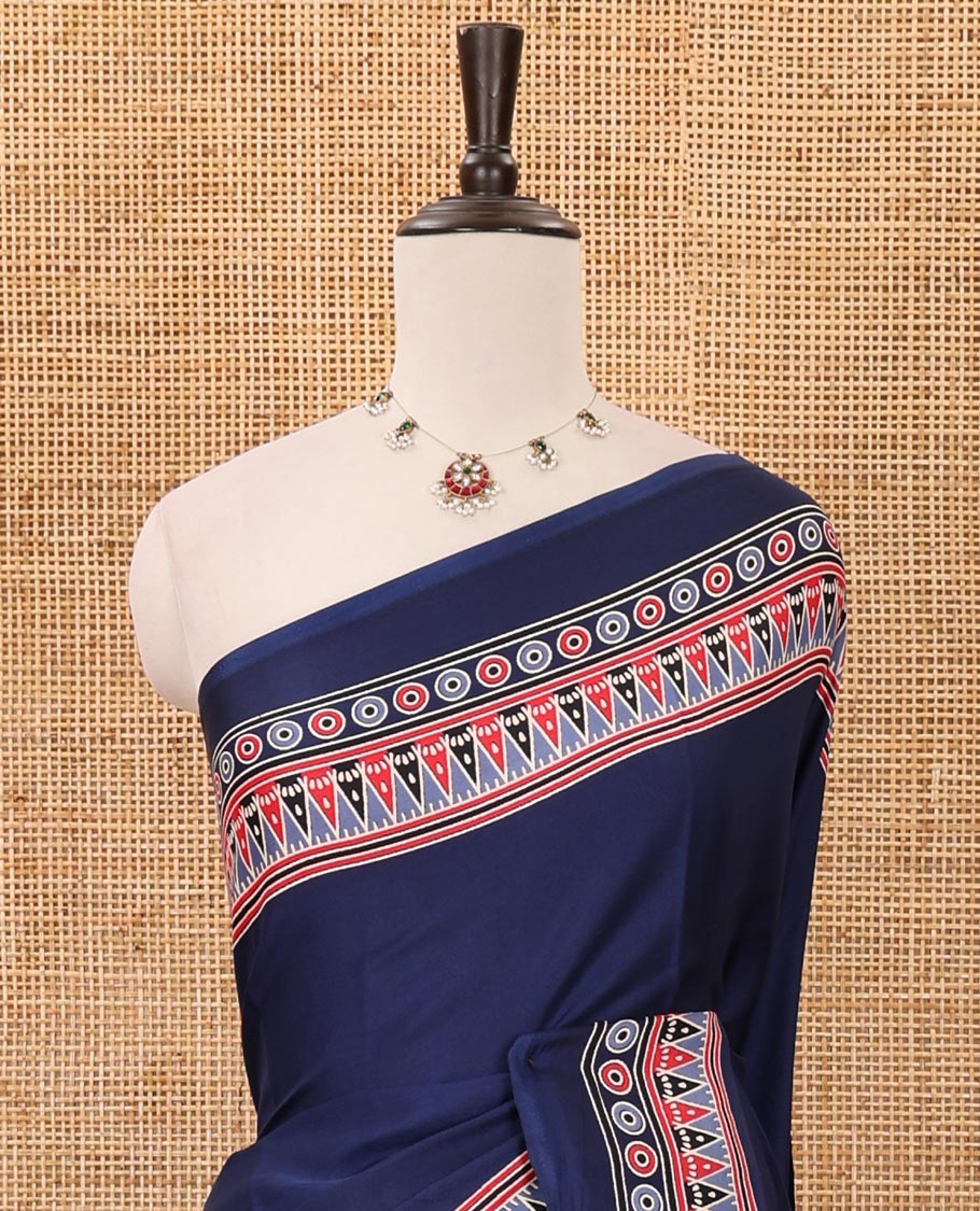 Blue plain design modal satin saree, Ajrakh printed border, floral-Ajrakh printed pallu & Ajrakh printed blouse - Image 3