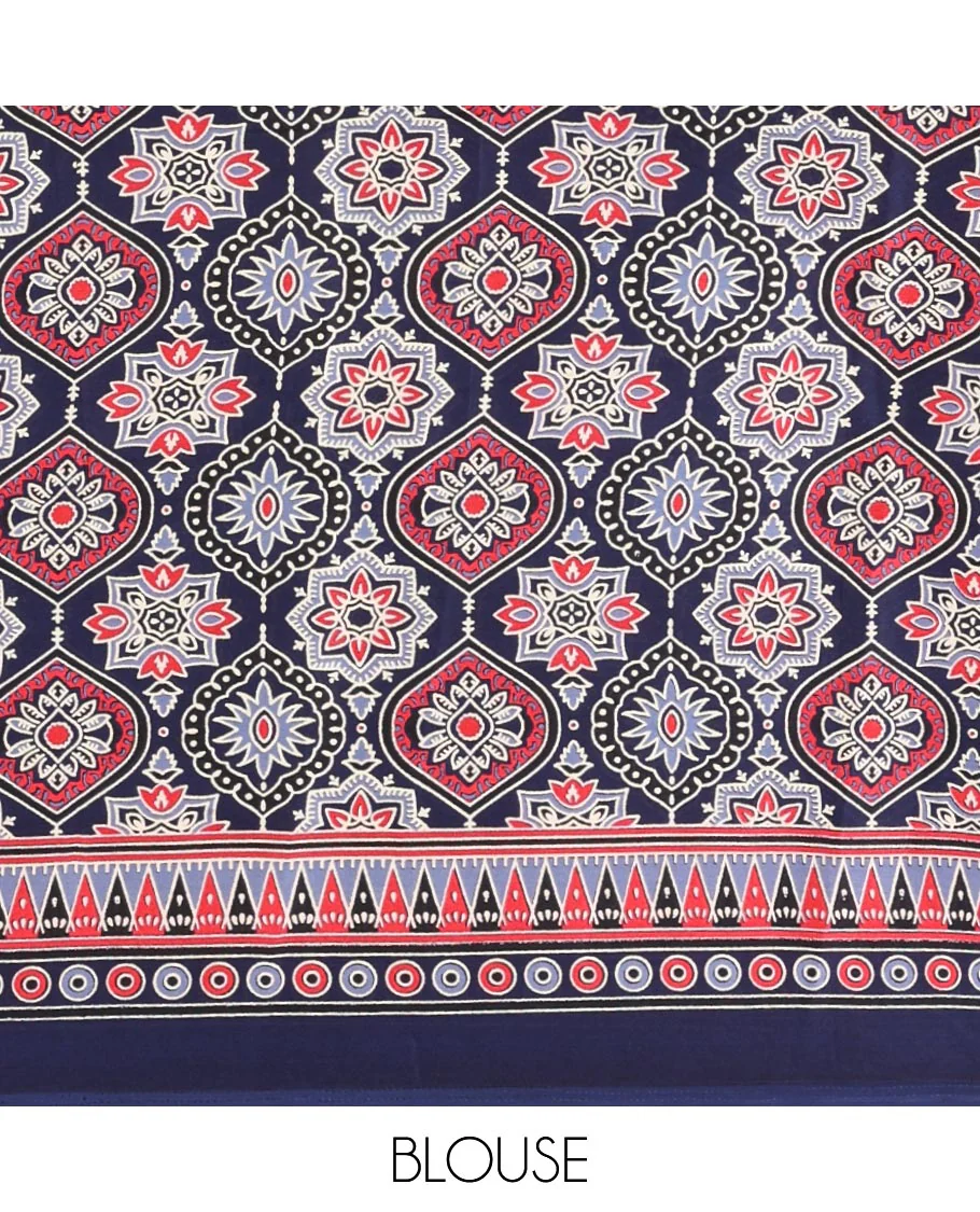 Blue plain design modal satin saree, Ajrakh printed border, floral-Ajrakh printed pallu & Ajrakh printed blouse - Image 4