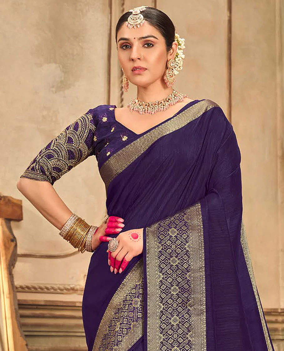 Blue plain designer saree, patola-style motifs woven border, and zari striped pallu - Image 2