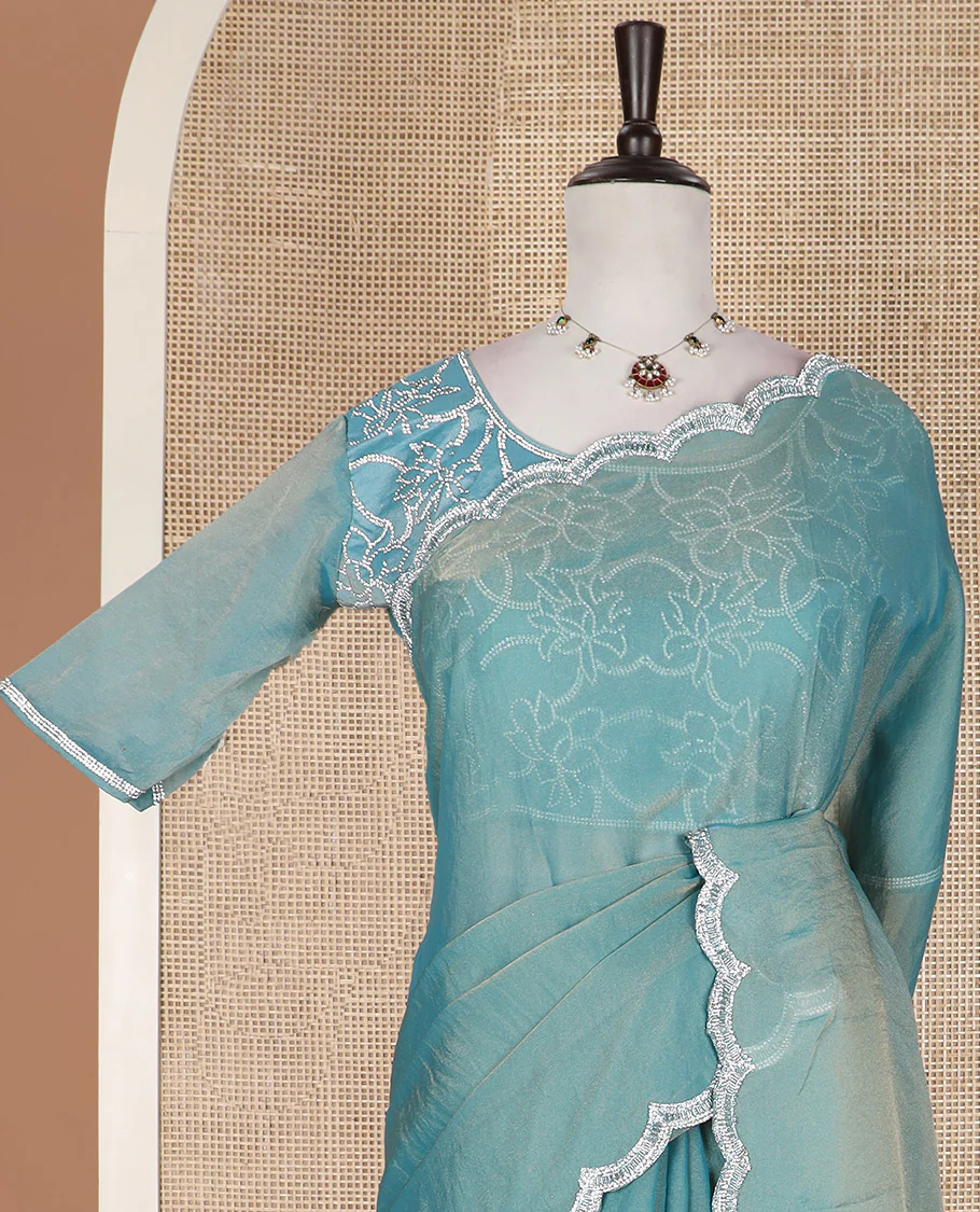 Blue plain designer saree, scallop embroidered border, and a matching elbow sleeve blouse of floral vine in micro-stones - Image 3