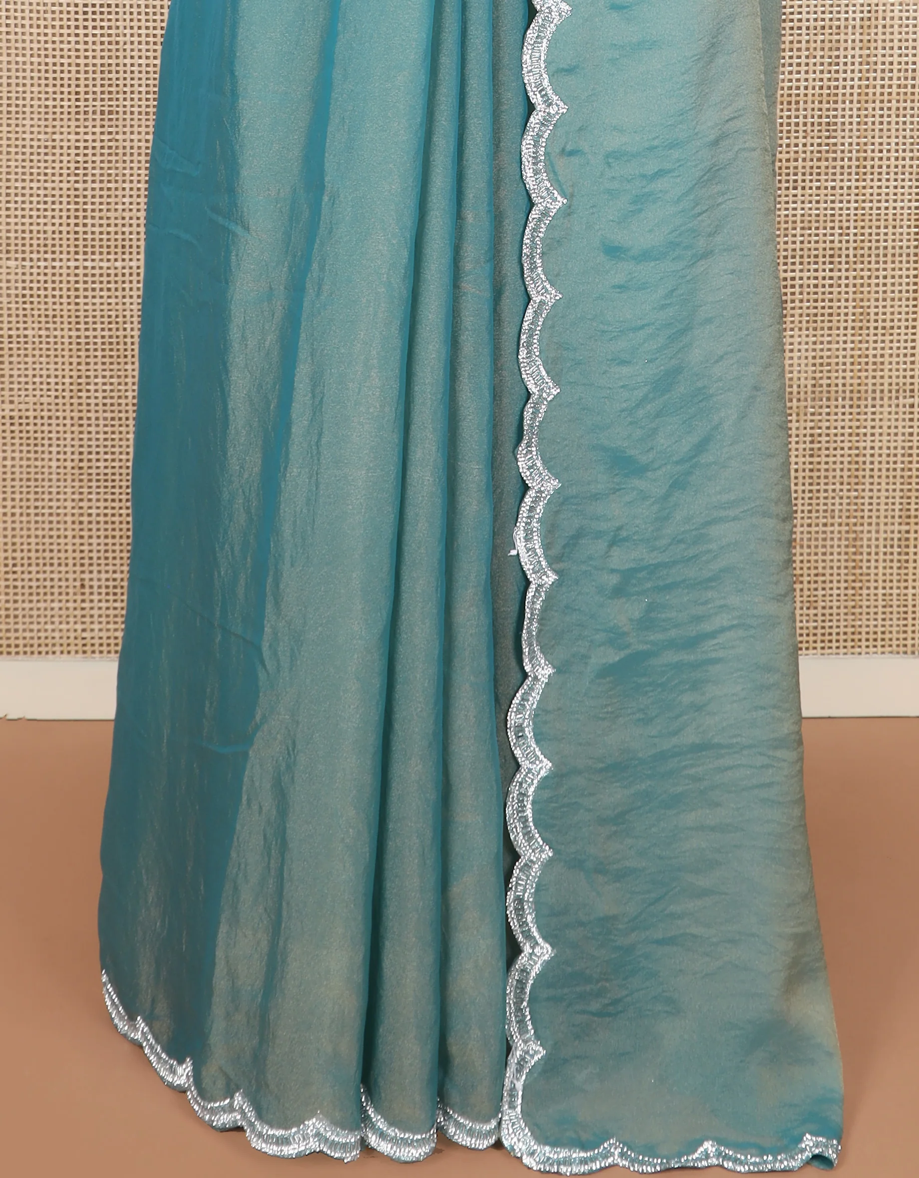 Blue plain designer saree, scallop embroidered border, and a matching elbow sleeve blouse of floral vine in micro-stones - Image 4