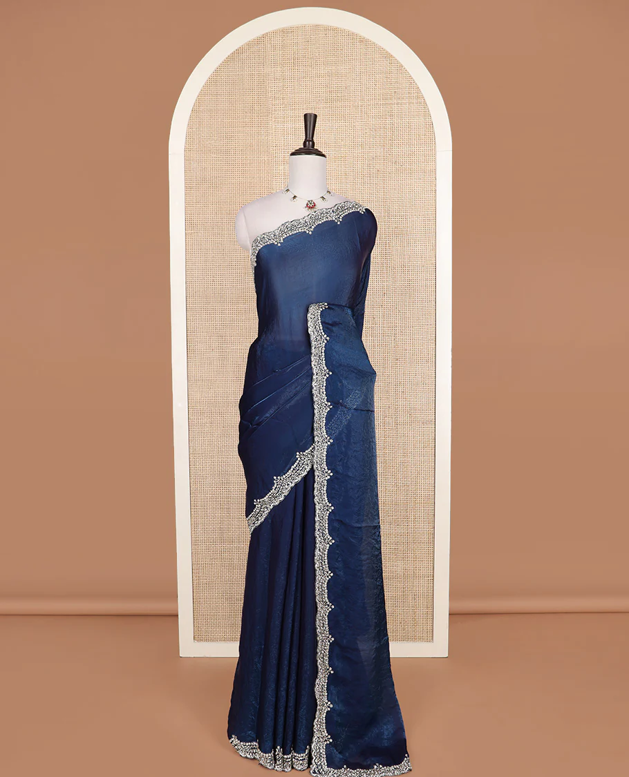 Blue plain designer saree, scallop intricately embroidered border - Image 2