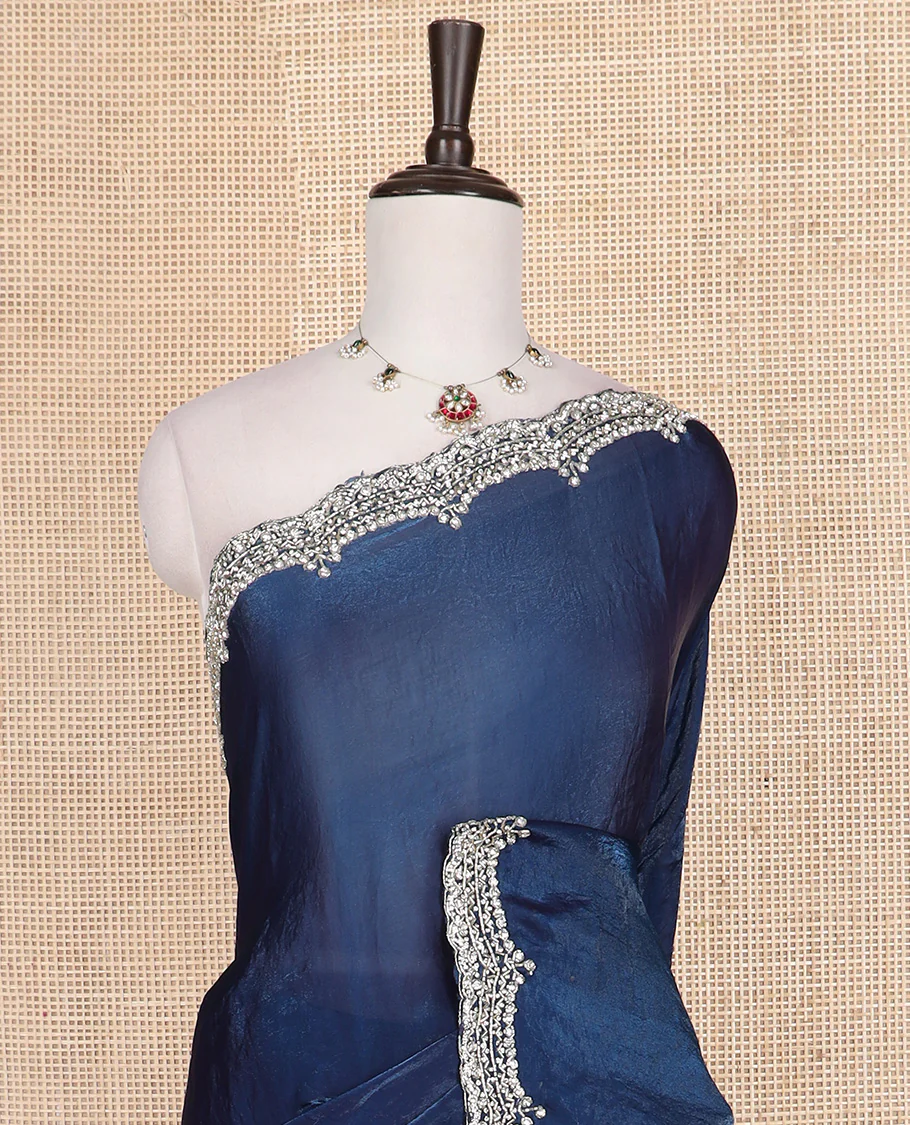 Blue plain designer saree, scallop intricately embroidered border - Image 3