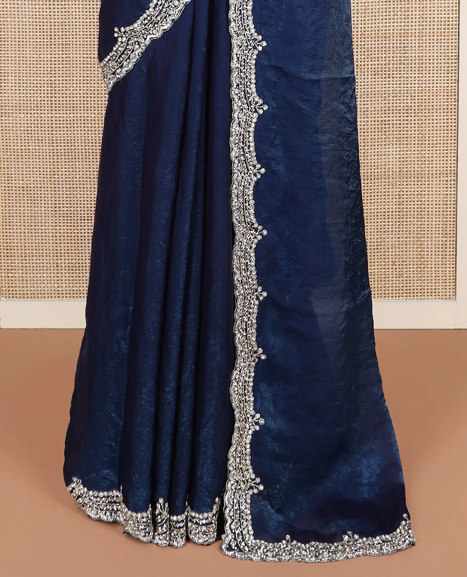 Blue plain designer saree, scallop intricately embroidered border - Image 4