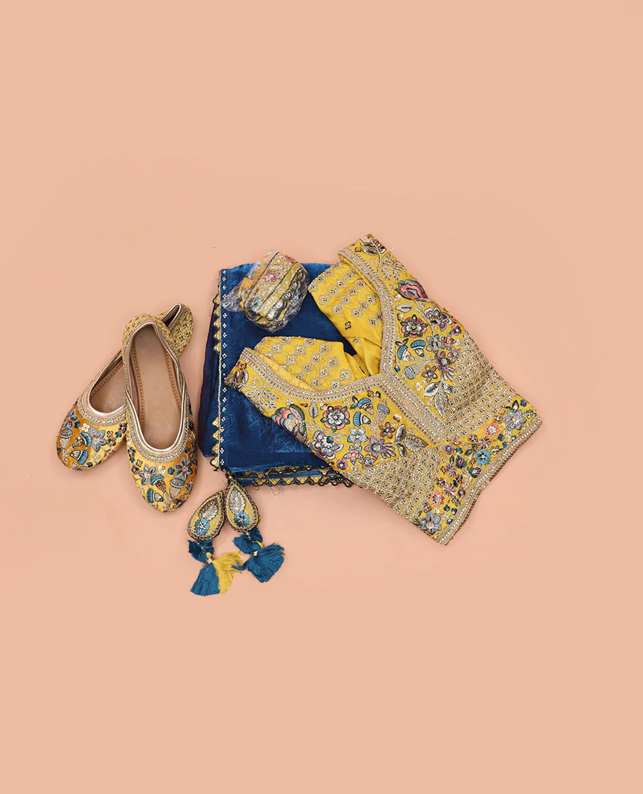 Blue Plain Designer Saree with Temple Lace Border, a Readymade Blouse, a Contrast Embroidered Belt, and a Pair of Free Embroidered Punjabi Shoes - Image 3