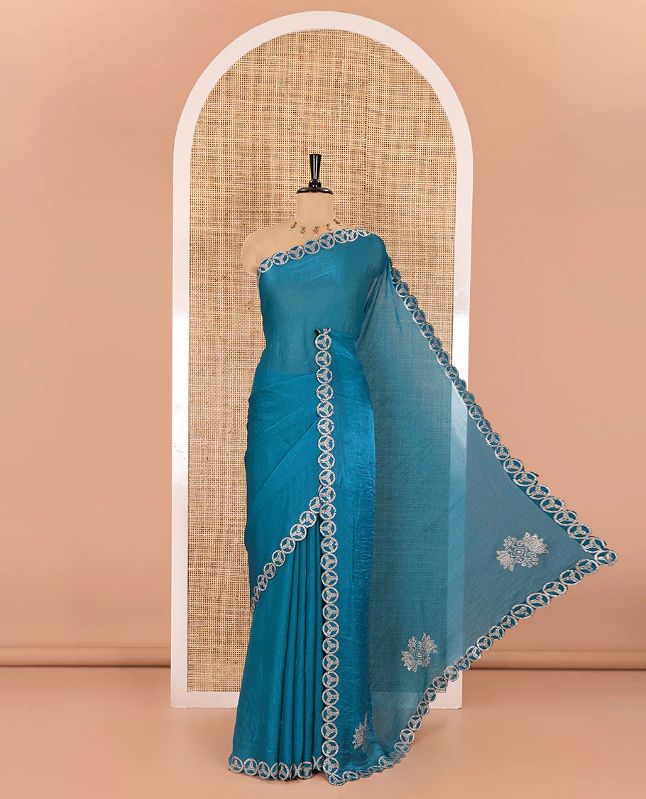 Blue plain fendy chiffon saree, scallop micro stone border, intricate stone work pallu, and a matching micro-stone blouse