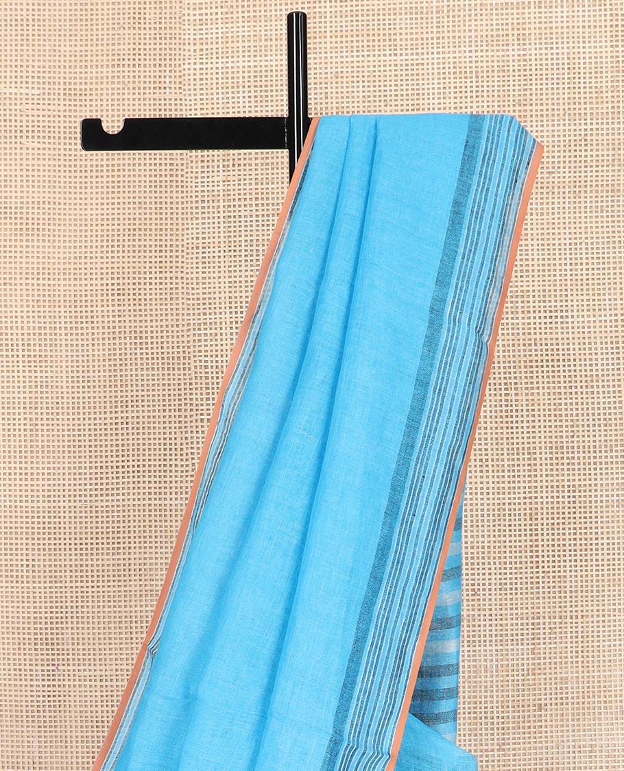 Blue plain linen cotton saree, self-striped border, and striped pallu - Image 3