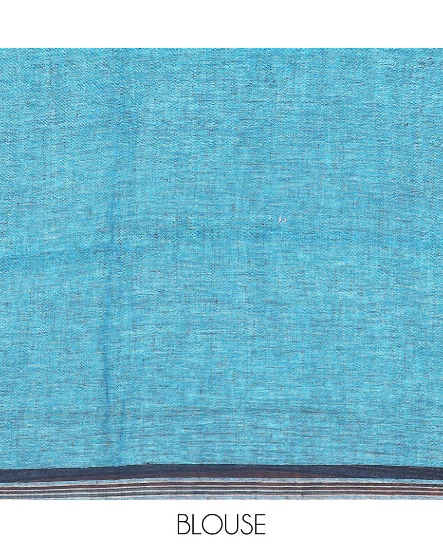 Blue plain linen cotton saree, self-striped border, and striped pallu - Image 5
